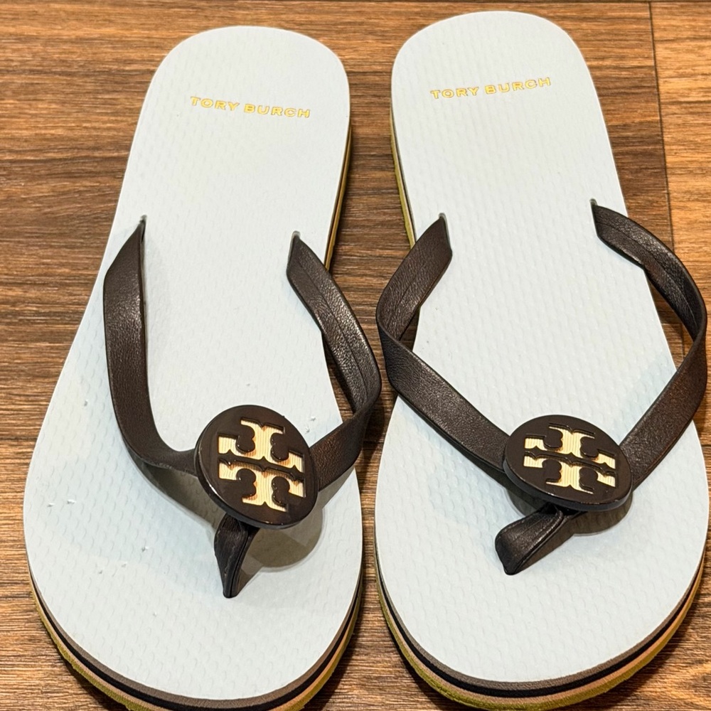 Tory Burch White and Black Minnie Logo Flip-Flops